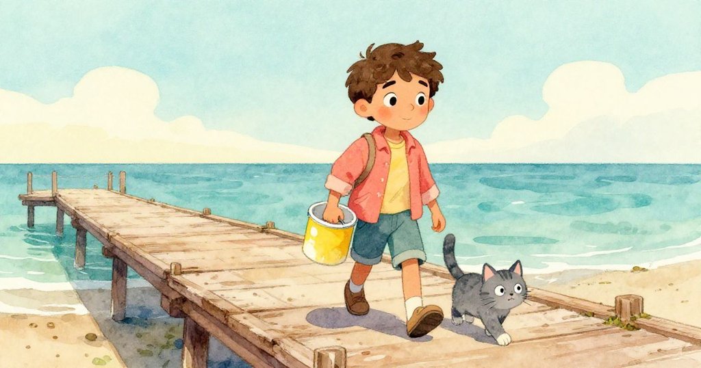 馬特奧提著鮮豔海洋油漆沿斜角木棧道前行, 灰貓活潑隨行於潮退沙灘, 充滿期待與冒險氣息。