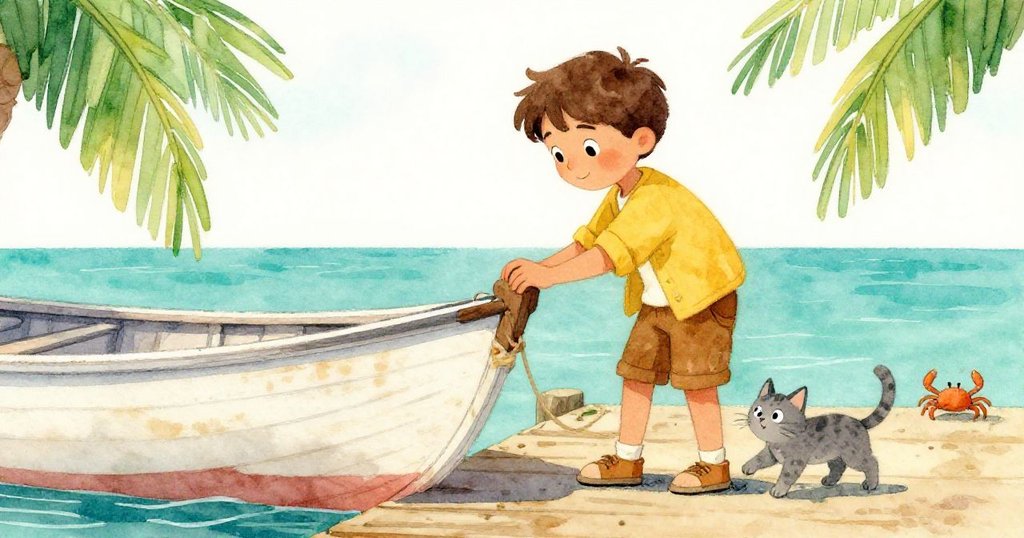 馬特奧專注檢查舊船首, 灰貓靈動穿梭於腳邊, 小螃蟹現身, 棧道與沙灘間散發溫暖探索情懷。