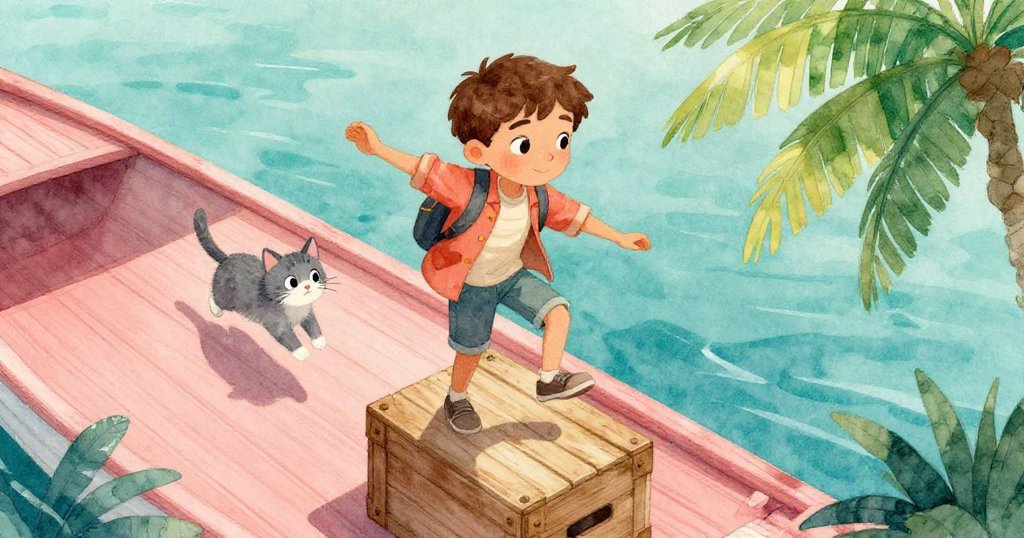 馬特奧站在舊木箱上掙扎平衡, 灰貓靈巧躍上甲板, 高角度展現船體老化與冒險中緊張情緒。