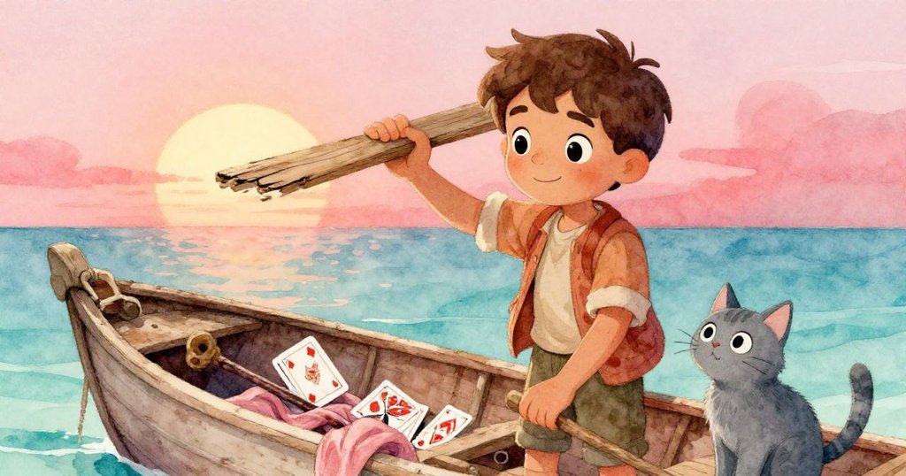 馬特奧滿懷驚奇揭開扭曲木板, 發現明亮牌卡、舊魔杖與絲巾, 夕陽餘暉中貓眼流露好奇, 冒險轉入奇幻篇章。