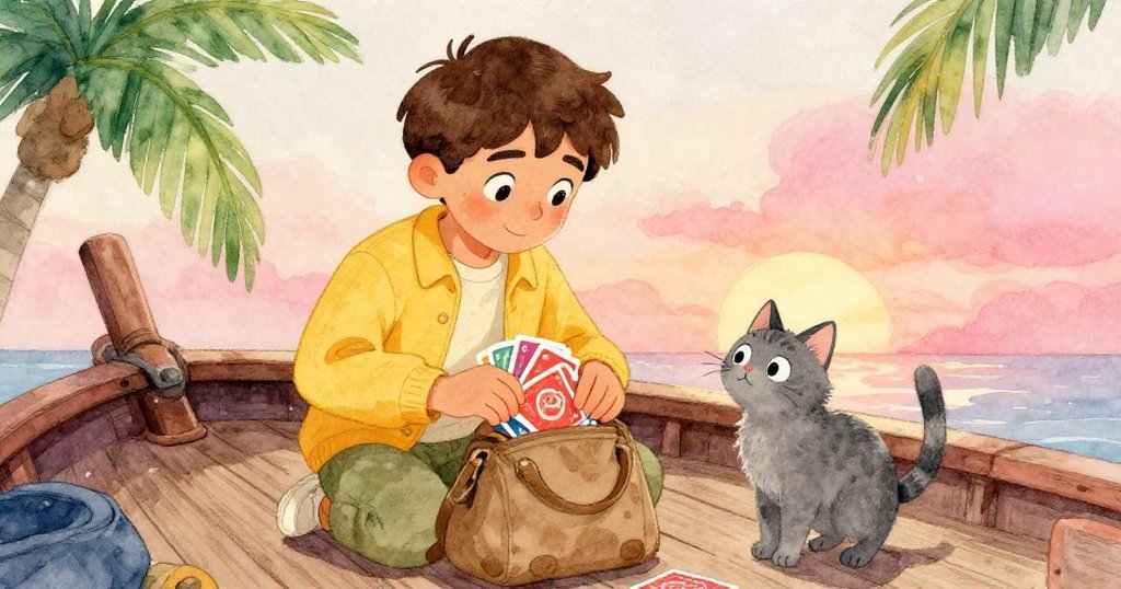 馬特奧帶著勝利微笑整理牌卡收納, 灰貓親昵相伴, 船甲板上動感軌跡彰顯經歷探索後的溫馨喜悅。