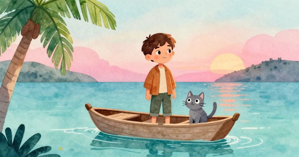馬特奧靜立於傍晚搖曳小舟, 與灰貓共享柔和晚光, 告別今日冒險, 繼續展望新篇章。