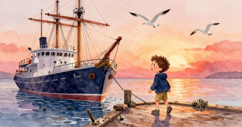 Milo踏上Windward甲板,海鷗盤旋,夕陽映照,展現開始探索神秘船隻的溫暖情境。