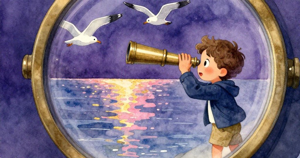 Milo通過望遠鏡凝視閃光水面與盤旋海鷗,展現奇妙世界窗視與內心好奇。