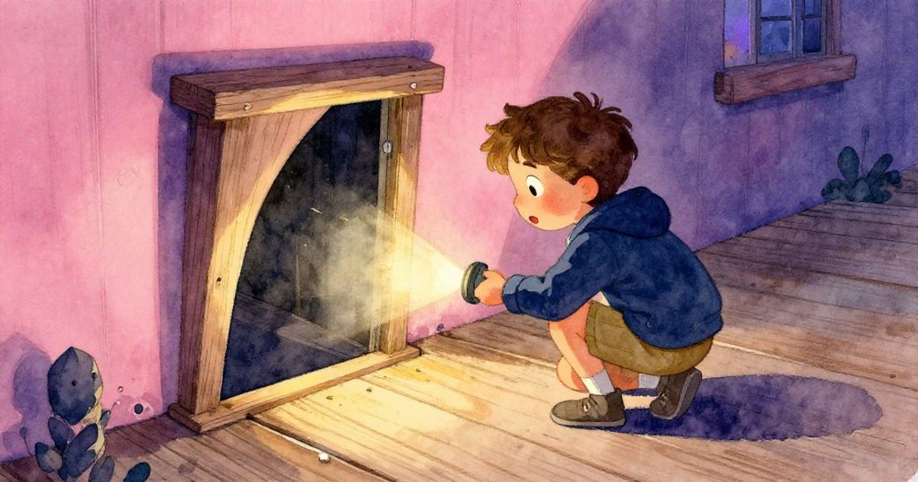 Milo蹲下撫摸半開舊艙門,木板間神秘閃光現,呈現探索過程中的驚奇與緊張。