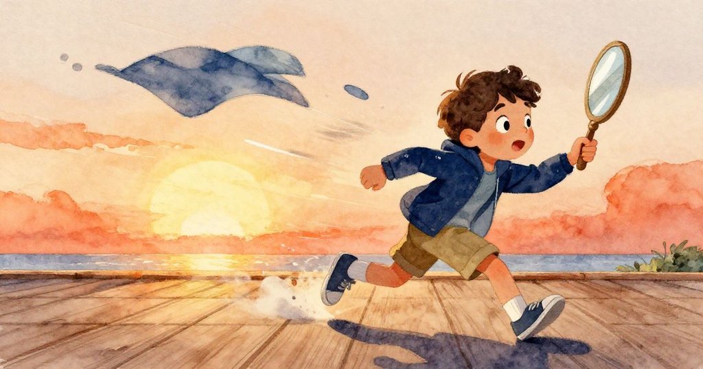 Milo在風中急追落下手鏡,帆布翻飛,展現活力與驚訝的動態甲板場面。