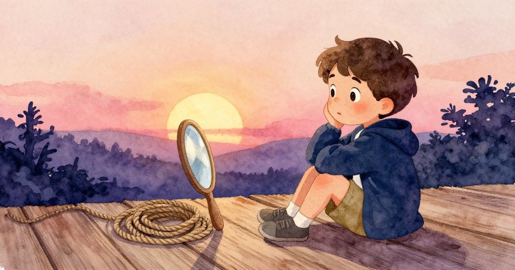 Milo坐在夕陽下甲板邊,將手鏡倚靠繩圈,沉思剛經歷奇遇,展現溫暖內省氛圍。