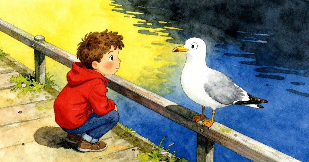 費利克斯蹲在狹窄碼頭上，好奇望著頭頂海鷗，背景閃光的運河與斜角構圖展現微妙不安。