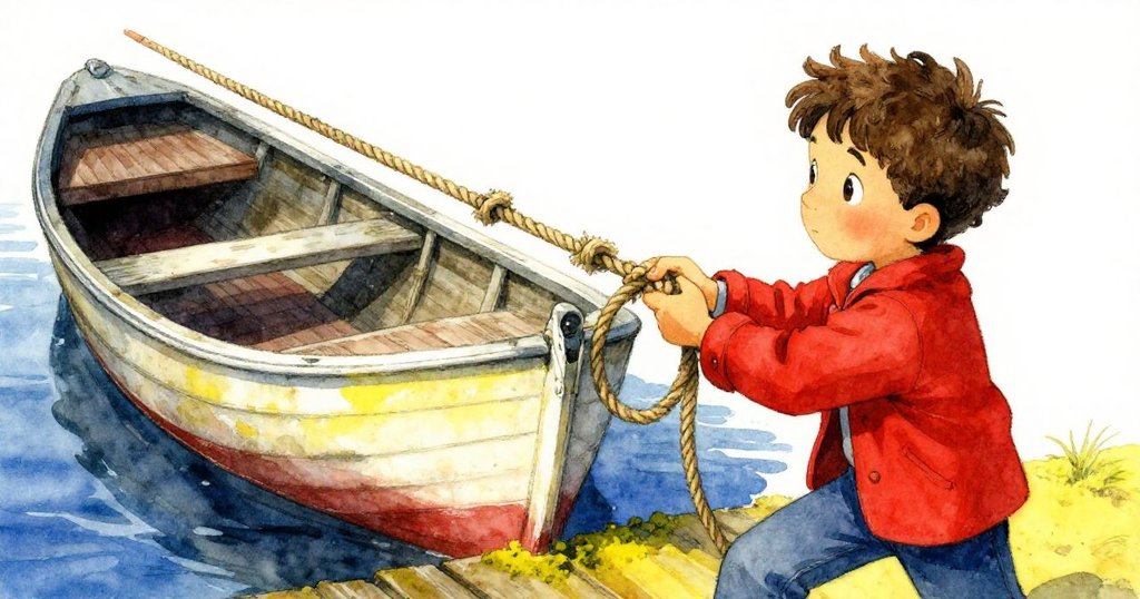 費利克斯用手拉扯糾結的繩子，展現歷史痕跡與磨損細節，背景隱現古老船隻與青苔木樁。