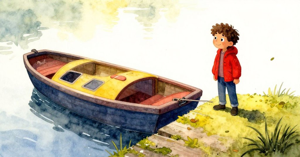 費利克斯站在寧靜木碼頭旁，注視解開糾結繩索的船隻，周圍漂浮樹葉與柔和金光散發安定與放鬆。