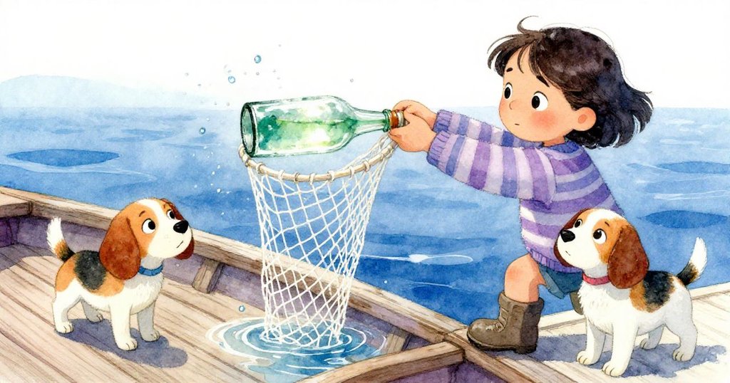 米拉伸網捕捉漂浮的綠玻璃瓶，比斯吉好奇伸耳觸水，細膩光影映照船邊，場景充滿魔幻探索感。