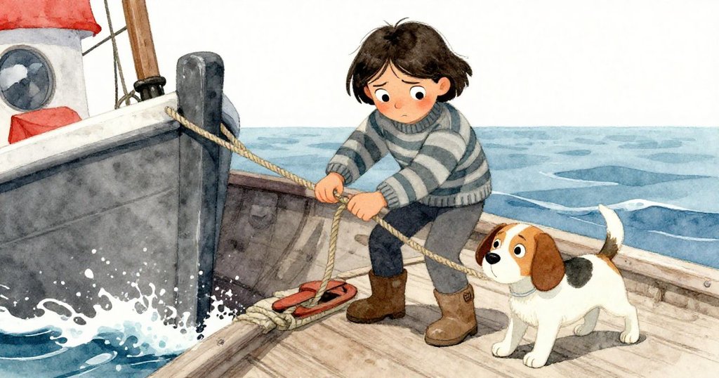 米拉正聚精會神綁繩固定小船，比斯吉歡快拍打甲板，水波輕拍船身，表情專注充滿挑戰。