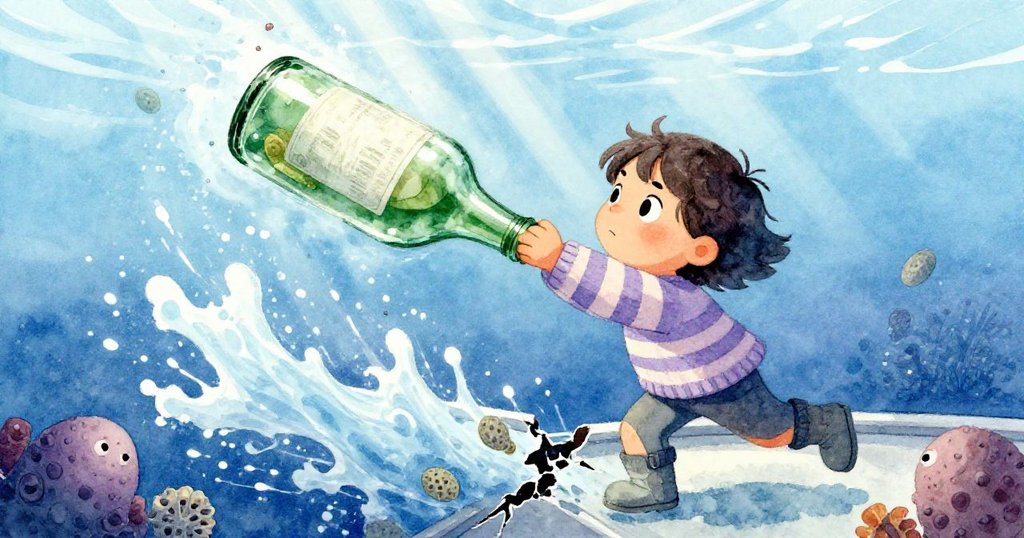 透過水下視角，海水從船隙湧入推動綠玻璃瓶浮起，細膩珊瑚與岩礫點綴，表現探索轉機。