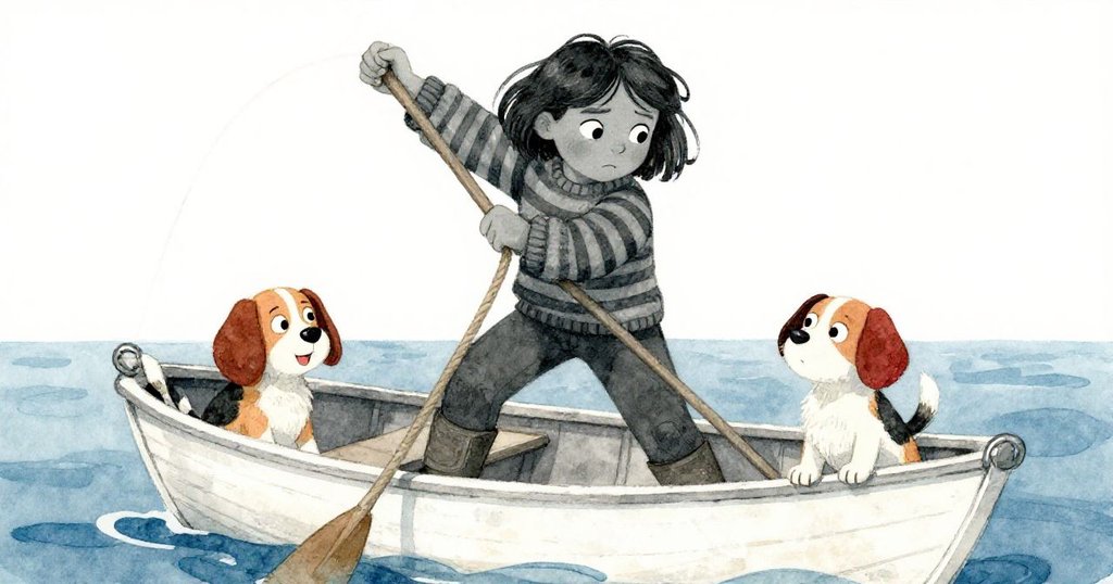 米拉努力控制搖晃小船，用繩固定鐵環，扶槳穩機，比斯吉在船頭歡快干擾，面對海浪挑戰。