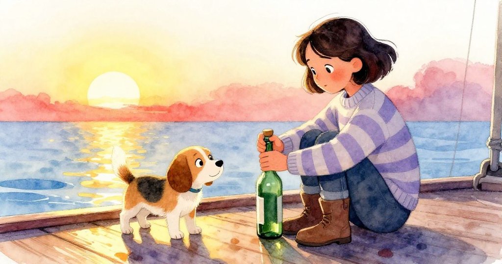 夕陽餘暉中，米拉揭開綠玻璃瓶塞發現僅有海水流出，比斯吉耳邊觸光，船板映出斑斕色帶，情景寧靜溫暖。