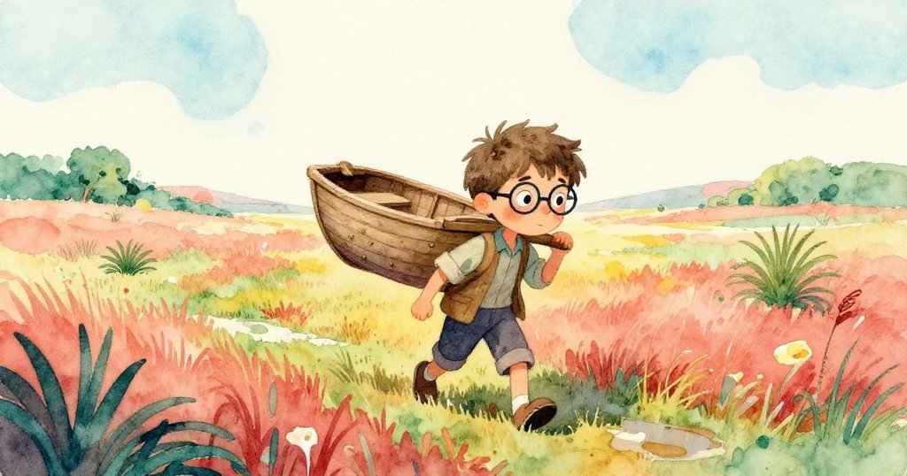 艾略特在廣闊泥沼邊，手持小木船，探尋水平池，臉上透露希望與專注，晨光輕柔。