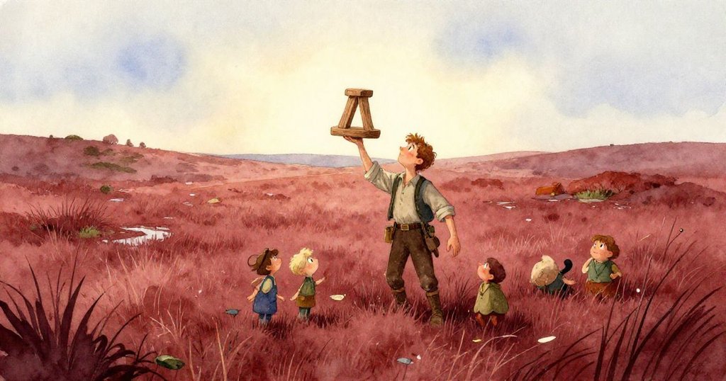 艾略特仔細檢查小船細節，粗糙木材與斑駁船長圖案，透露著修復之情，表情專注。