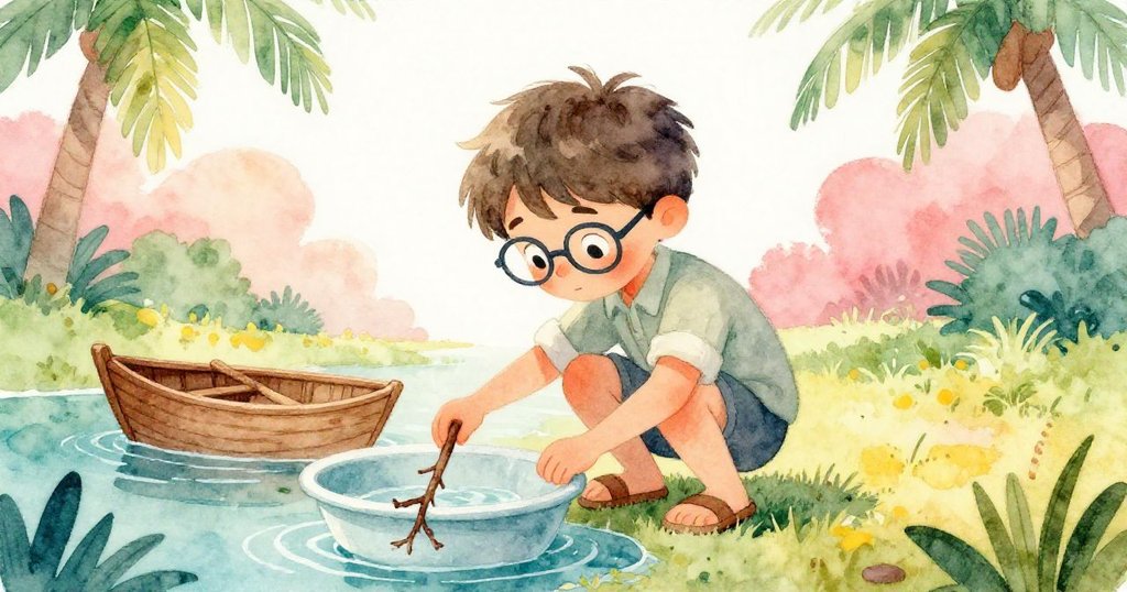 艾略特蹲在清水邊，小樹枝擋住船首，眉宇間焦慮與決心，目光專注。