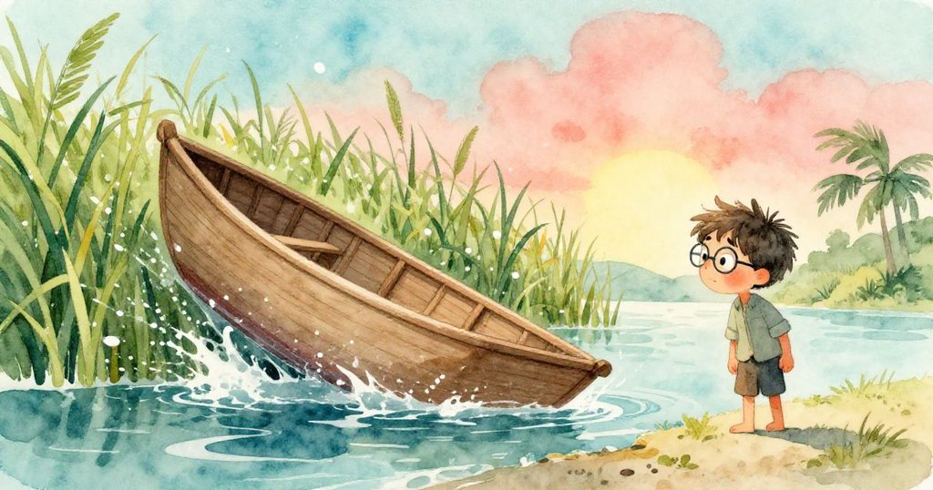 風起時小船偏離水面，隱入蘆葦叢中，艾略特站於交界處，神情急切且期待。