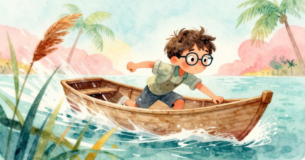 艾略特猛然撲向急速漂移的小船，手臂伸展，表情急促與努力，動態明顯。