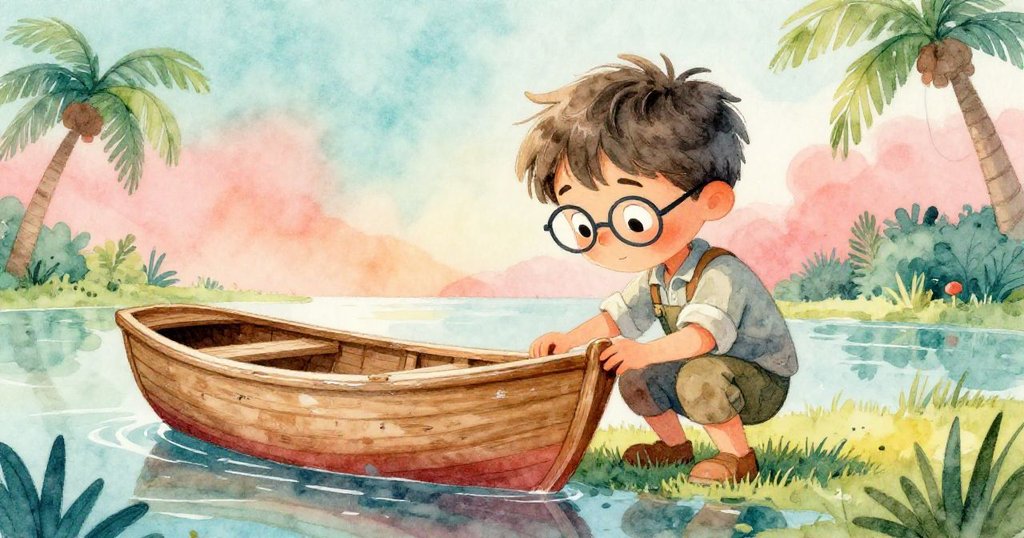 艾略特終將小船放置草地上，溫柔檢視破損船身，臉上泛起滿足與釋然。