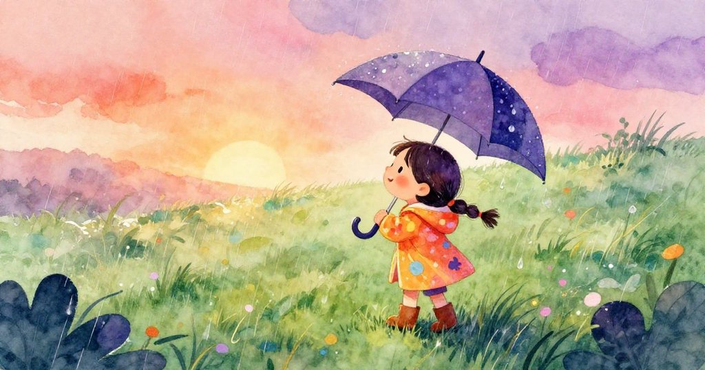 Mia站在雨中草地上，舉著小傘仰望天空，畫面從高處俯視，充滿期待與溫柔雨意