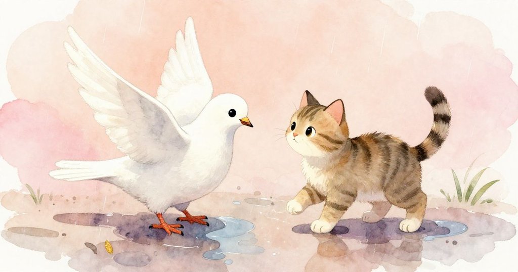 白鴿輕落水面旁，條紋貓輕步靠近，雨天中互動俏皮，細節呈現溫柔光影
