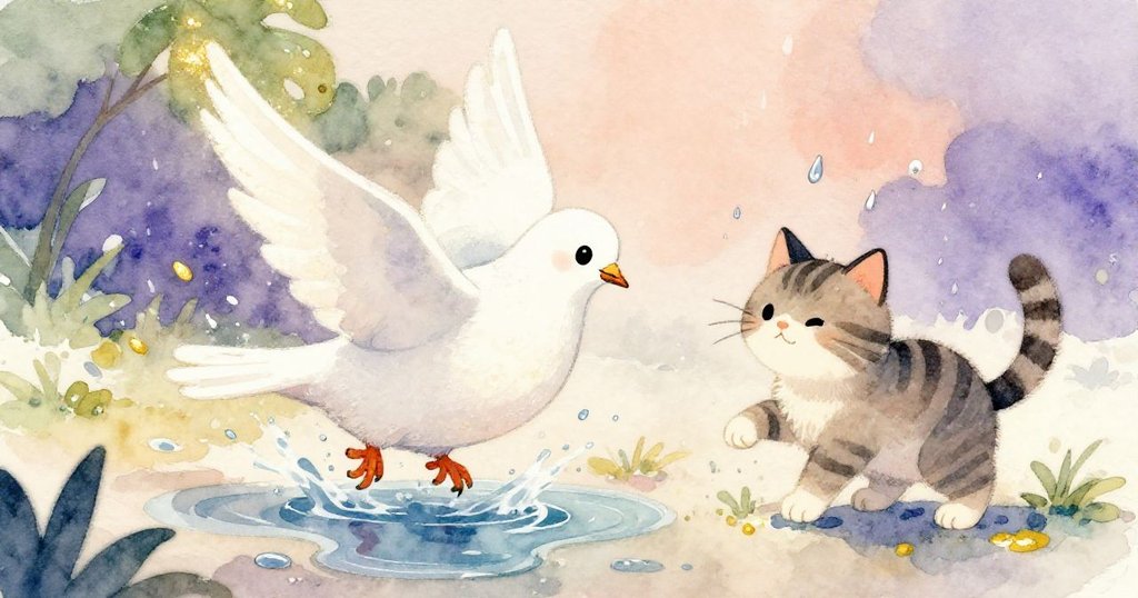 白鴿從水窪中躍起濺起亮光，條紋貓甩去雨滴，動態互動中展現自然雨天美景