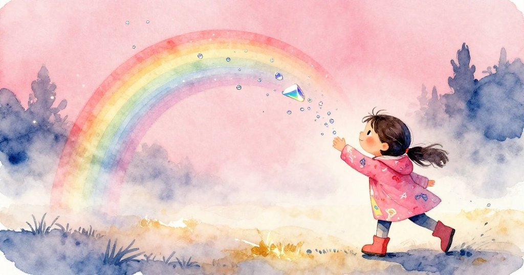 細小雨滴化作閃光，柔和彩虹起初現於霧氣中，Mia與動物們注目自然奇觀，充滿動感