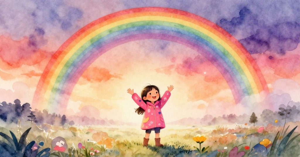 Mia滿心喜悅地抬手迎接天際彩虹，廣闊草地與柔和光暈襯托浪漫雨後風景，寓意希望與美好