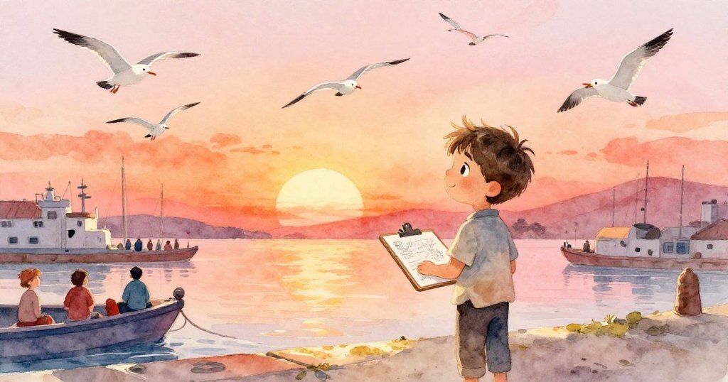 米洛在晨光中的港口上持著手繪板，四周有許多海鷗飛舞，神情充滿好奇與活力