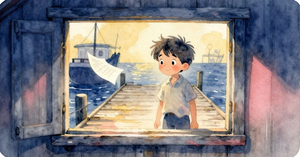 透過老舊窗戶，看到米洛於碼頭上忙著畫畫，突然間風吹動紙張，情緒中透著驚喜與意外