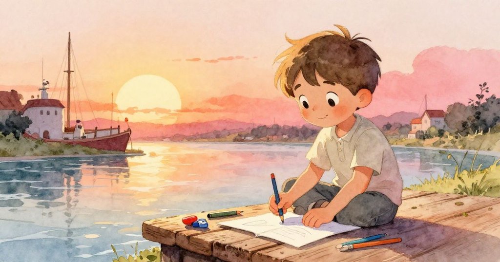 米洛在陽光溫暖的碼頭上整理畫具，旁邊有蜿蜒小溪與遠處停泊的船隻，充滿季節韻味