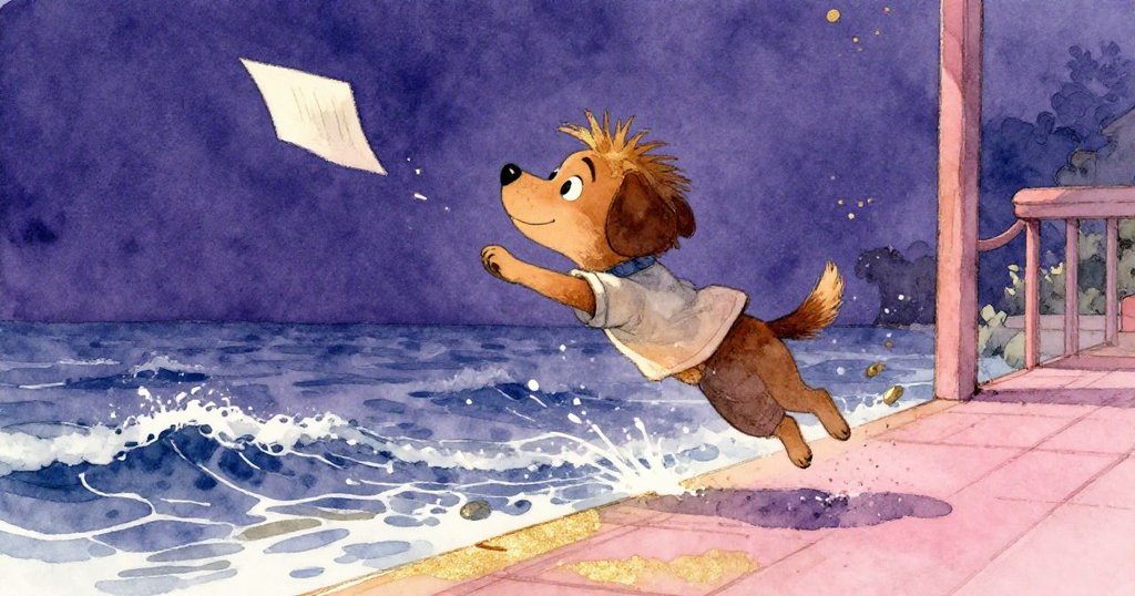 棕色小狗在甲板上活力躍起，追逐著隨著波浪飄動的紙張，氣氛充滿活力與趣味