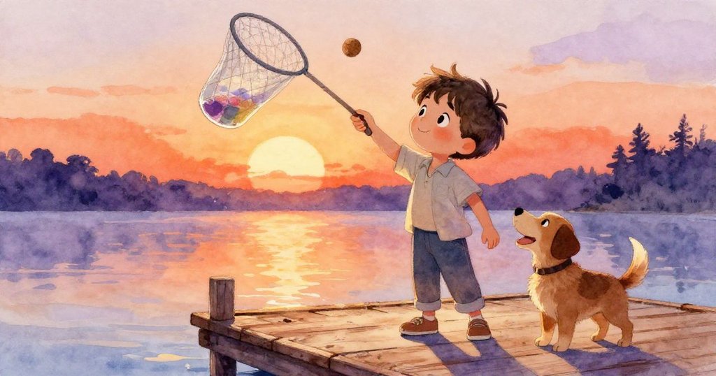 米洛滿臉喜悅地用長網接住掉落的油彩罐，丟向快樂的小狗，象徵著創意與和諧結局