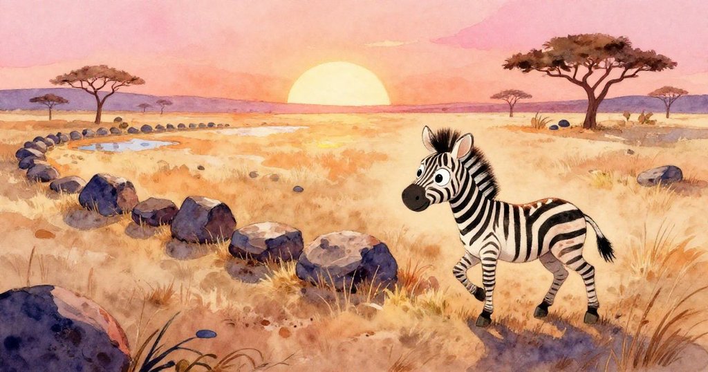 年輕斑馬Zara在晴朗廣闊的草原上探索,鳥瞰視角展現低矮石頭與閃爍水塘,充滿好奇與活力。