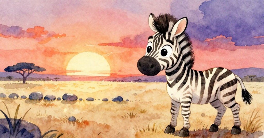 特寫捕捉年輕斑馬Zara充滿驚奇的眼神,注視著神秘石陣,背景隱約顯現溫暖草原風情。