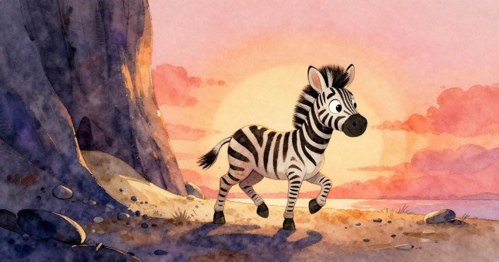 從斑馬Zara身後看,她走在擁抱暗崖的狹窄小徑上,地面散落碎石與隱藏沙坡,表現探索好奇心。