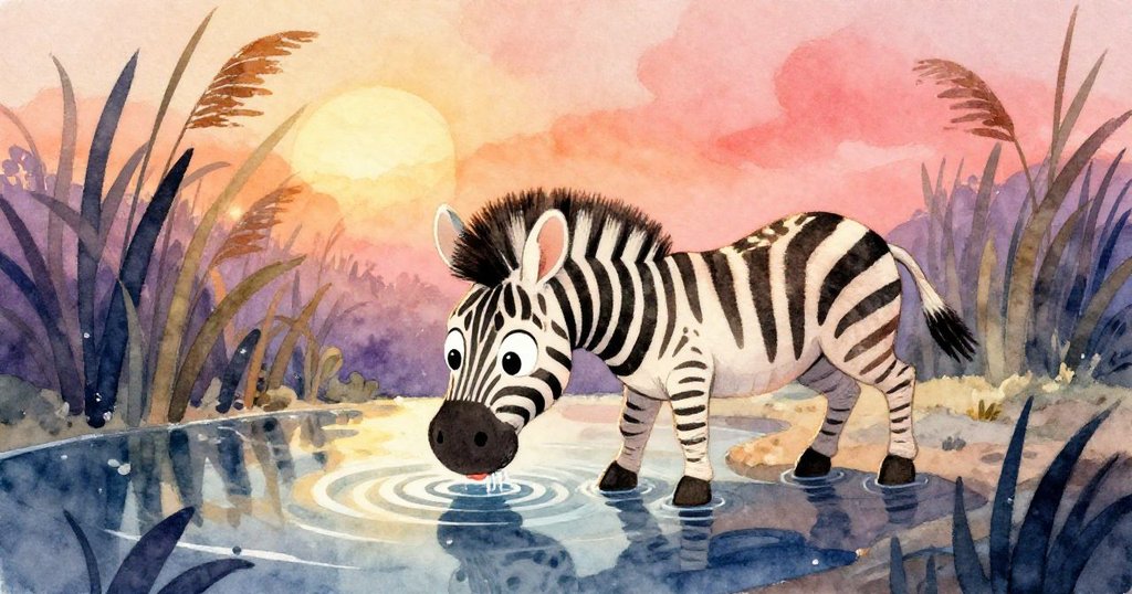 水面下觀看年輕斑馬Zara斟入清澈池水,水中反射天空與蘆葦,呈現夢幻柔和的水下景觀。