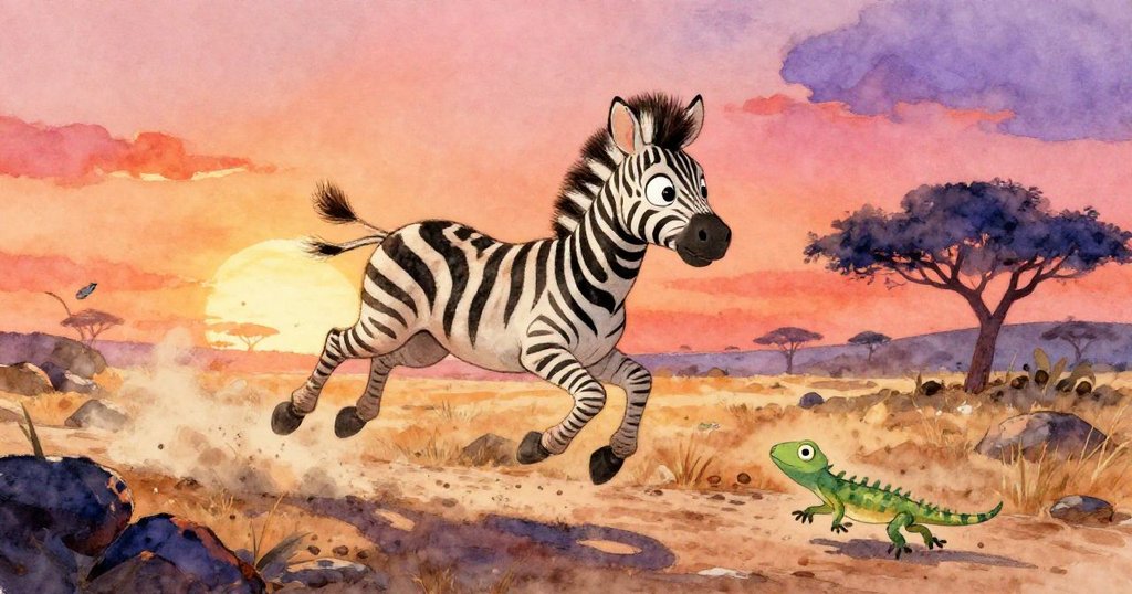 充滿緊張氣氛的場景中,年輕斑馬Zara側身躍起,背蹄踢出碎石,塵土飛揚,展現驚嚇與堅定。