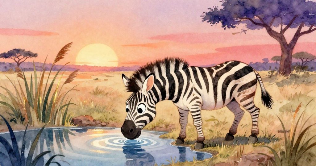 平靜祥和的場景中,年輕斑馬Zara在池邊悠閒喝水,伴隨搖曳蘆葦與暖光草原,展現休憩安寧。