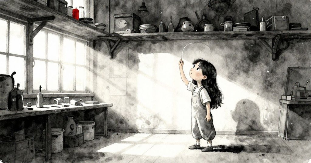 Leah在舊玻璃工作室中仰望高高的木架,透過窗光與塵埃映出她專注與好奇的神情,空間充滿懷舊氣息。