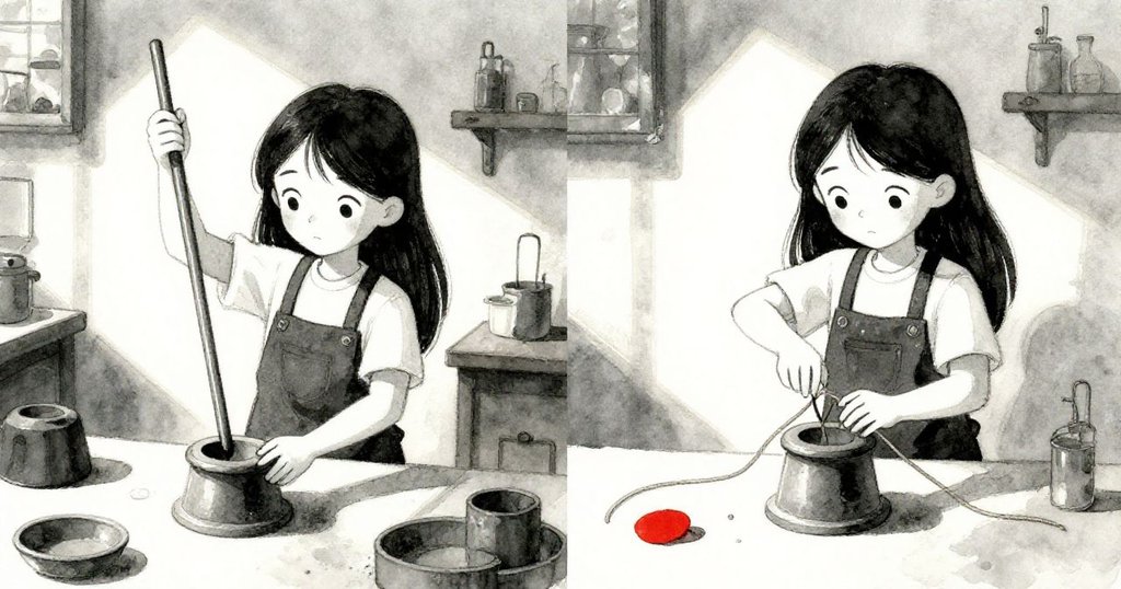 Leah忙碌地嘗試用金屬杆和繩圈操作模具,畫面呈現分割動作,動態連貫展現她的專注和努力。