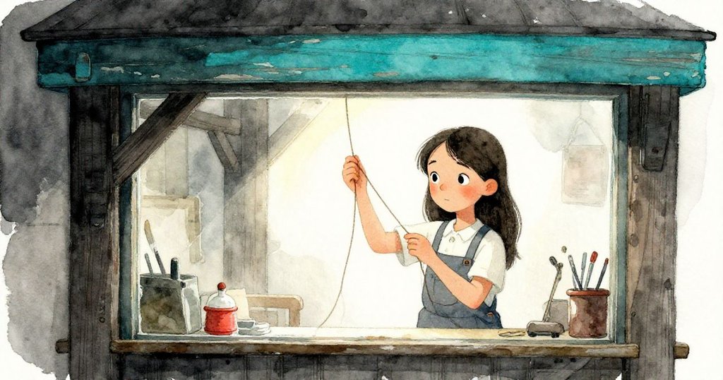 Leah在充滿歷史感的木樑旁調整繩圈,木樑上藍綠條紋鮮明,畫面蘊含懷舊與堅持的情懷。