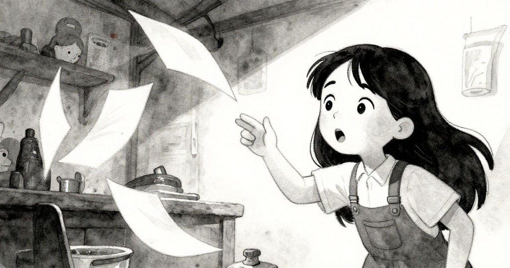 Leah驚訝凝視著從模具旁掉落的筆記本,筆記本展翅般散開細頁,動情瞬間充滿期待與解脫。