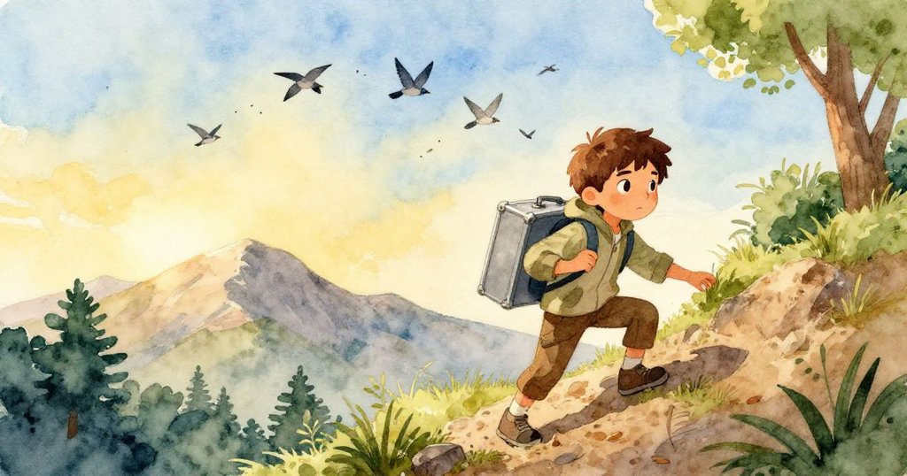 米羅攀爬山路，背著金屬盒，群鳥盤旋空中，環境有雪和山石，充滿生機與冒險精神。