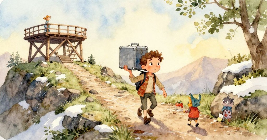 米羅細心踩著鬆散碎石與濕泥，登山靴近距離細節展現冒險精神與穩健腳步。