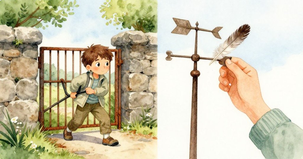 米羅一邊拉動老舊維修門，一邊輕撥天文針上羽毛，畫面分鏡細膩呈現冒險與細心之美。