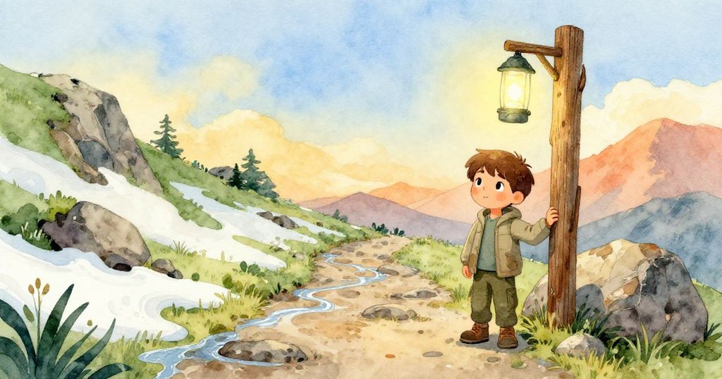 米羅在山徑旁停步觀察褪色木柱與亮光燈，背景有晚春殘雪與細小溪流，季節氛圍濃厚。