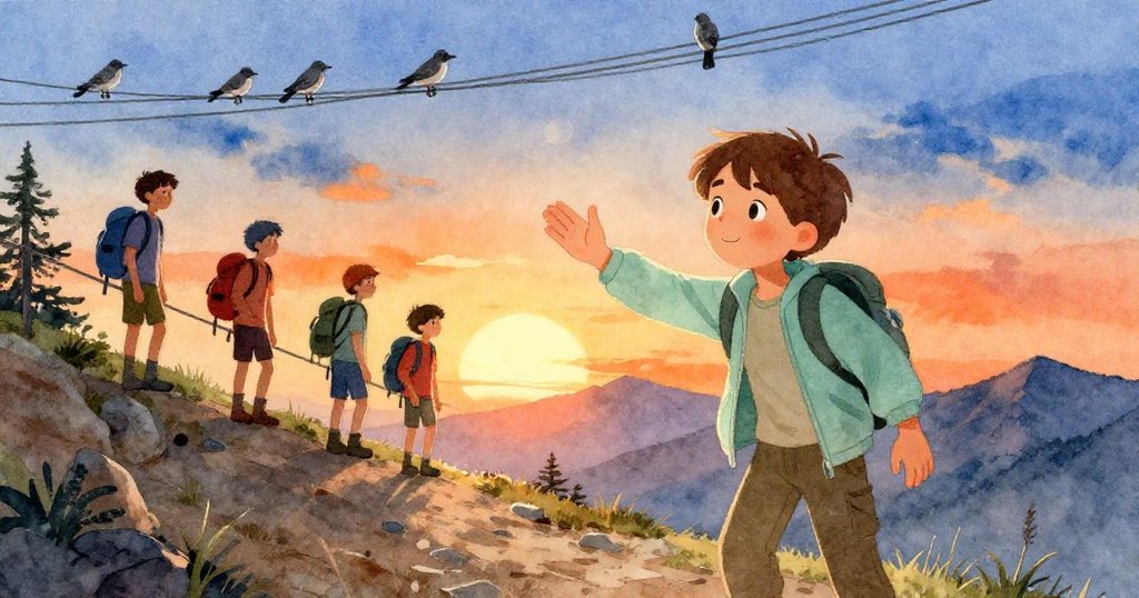 米羅微笑告別下山，三位遠行者留影於山欄上，夕陽映照鳥群依舊棲息，氛圍溫暖而意境深遠。